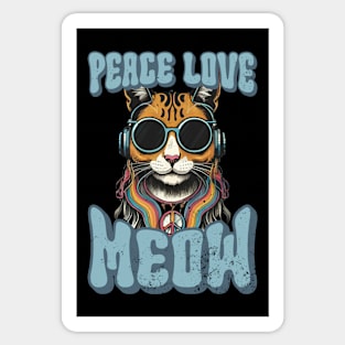 Peace Love Meow, Retro Groovy Style Hippie Cat Lover Design Sticker